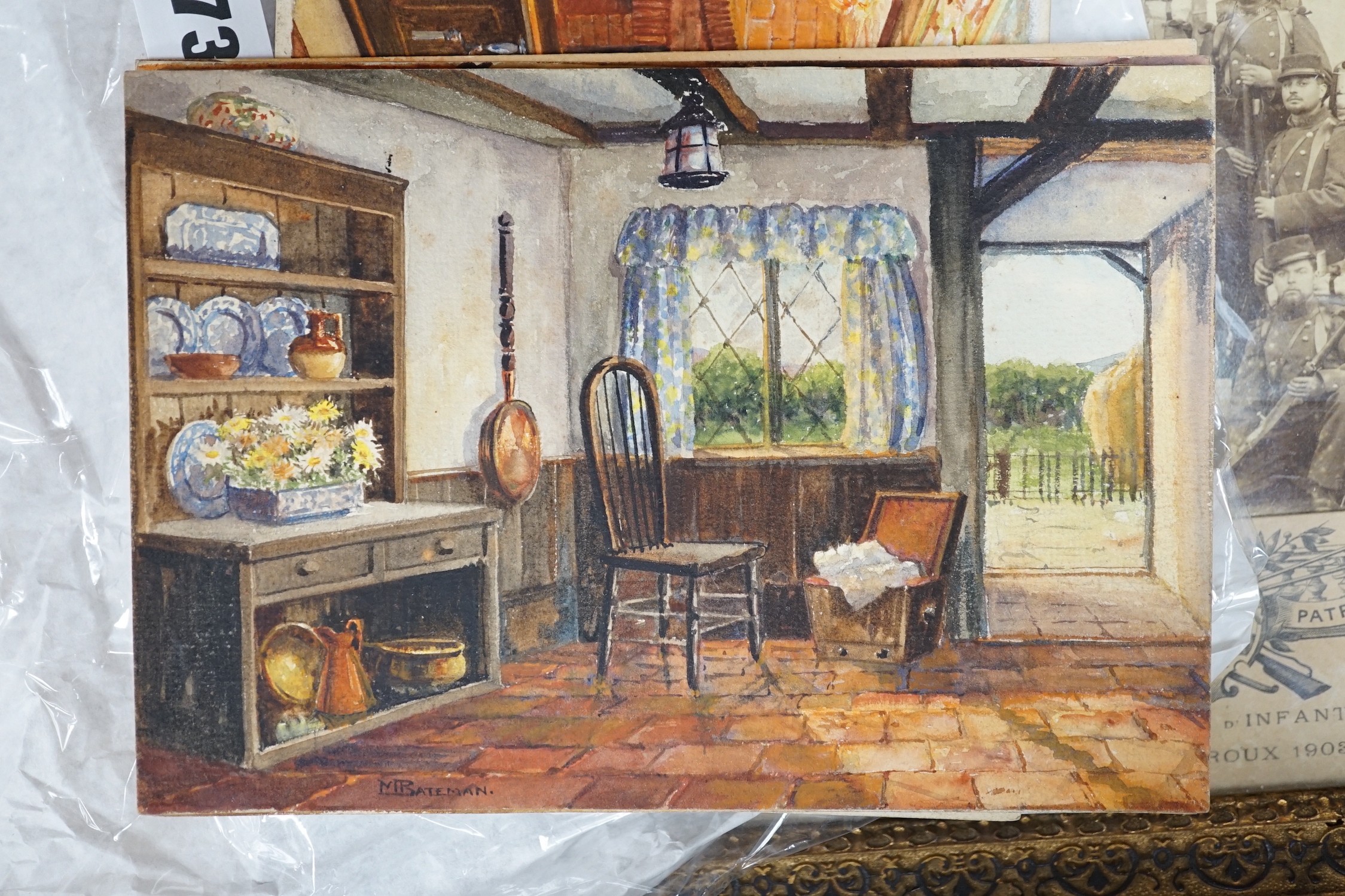 Marjorie Bateman, set of seven original watercolour artworks for postcards, Cottage interiors, largest 19.5 x 14cm, unframed
